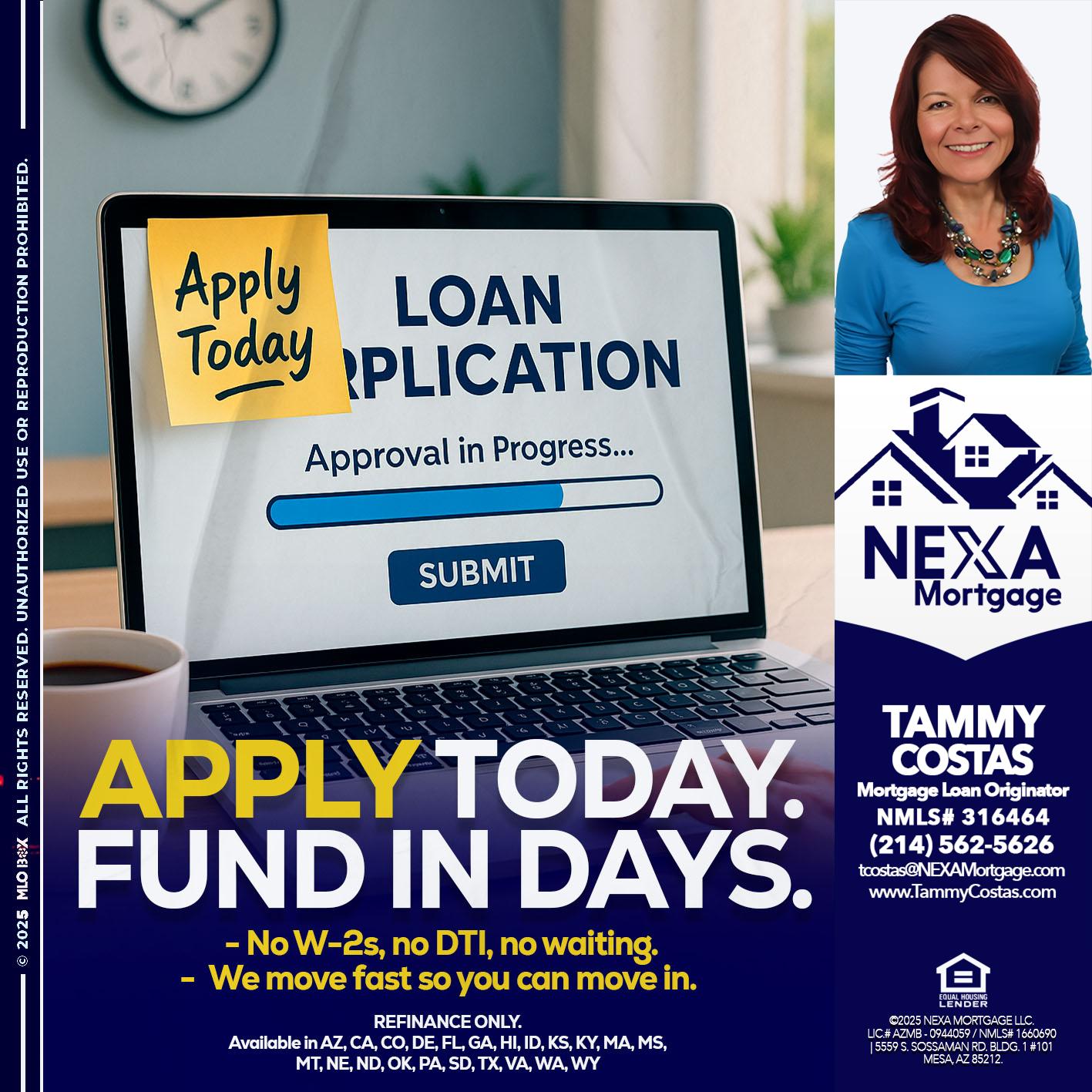 APPLY TODAY - Tammy Costas -Mortgage Loan Originator