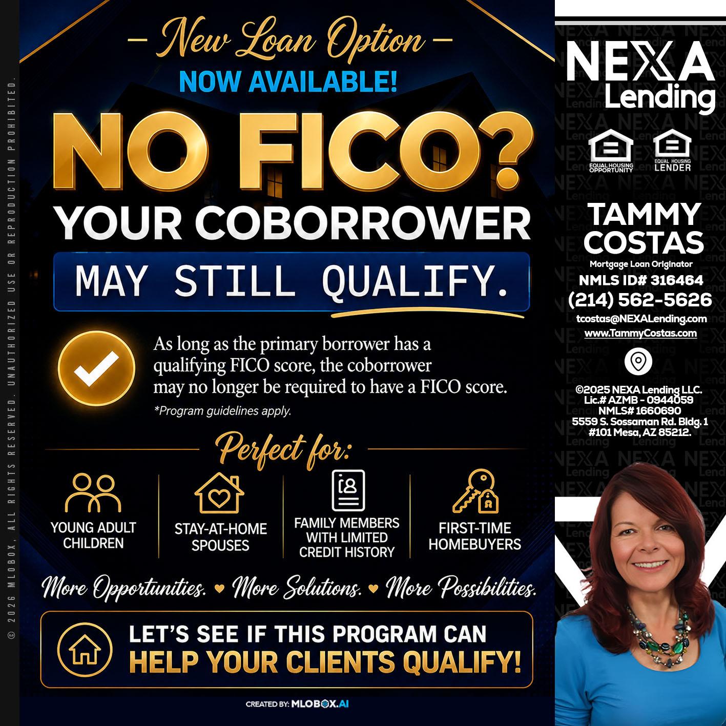NO FICO - Tammy Costas -Mortgage Loan Originator